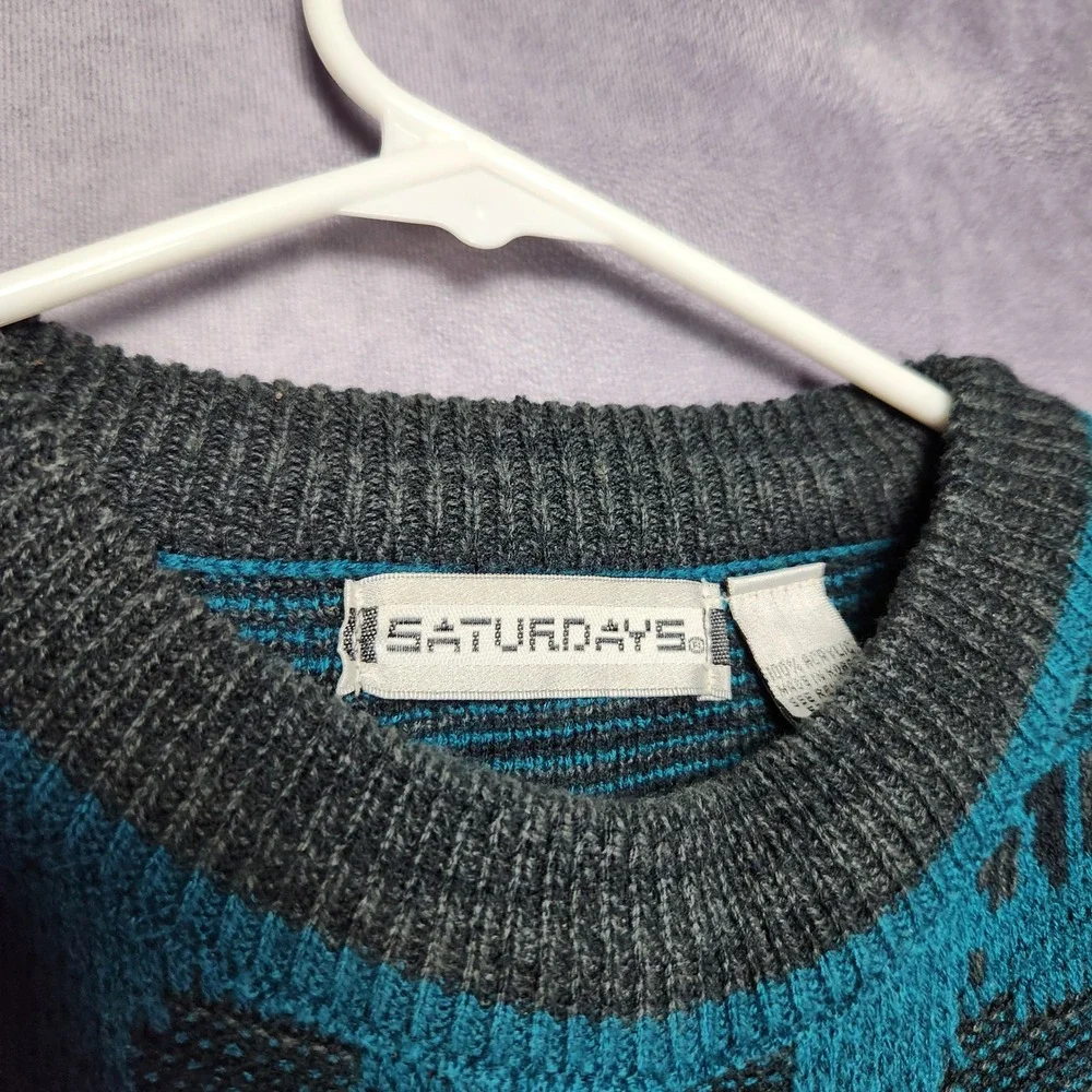 Saturdays Mens Vintage Teal Black Gold Geometric Pattern Knit Sweater size Large